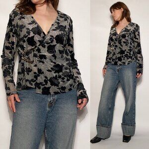 Vintage Y2K Sparkly Floral Wrap Top with Hardware -- Large